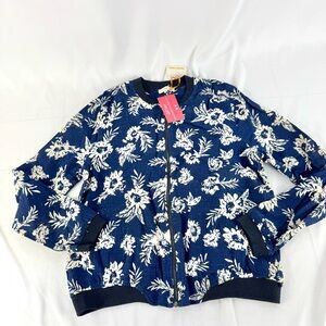 Orange Creek floral linen zip up light jacket blue cream and black size large